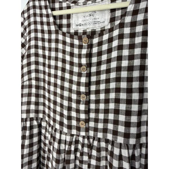Not Perfect Linen Brown Gingham V-Neck Button Front Linen Midi Dress L - Picture 6 of 10